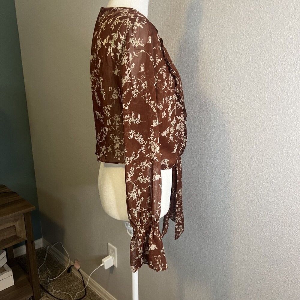 Princess Polly Brown/Rust Floral Ruffle Wrap Shirt Size 4 - Picture 2 of 9